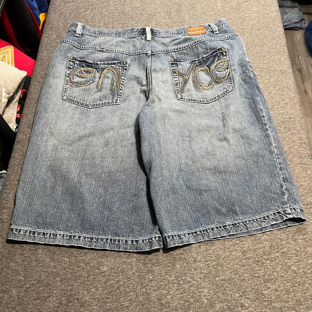 Vintage Enyce Mens Baggy Denim Shorts Blue Embroidered Y2K Hip Hop Jorts Size 38